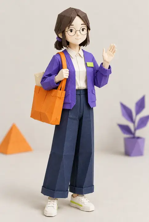 보라 기준 그림 — 바이올렛 카디건에 오렌지 종이 토트백을 멘 종이접기 캐릭터